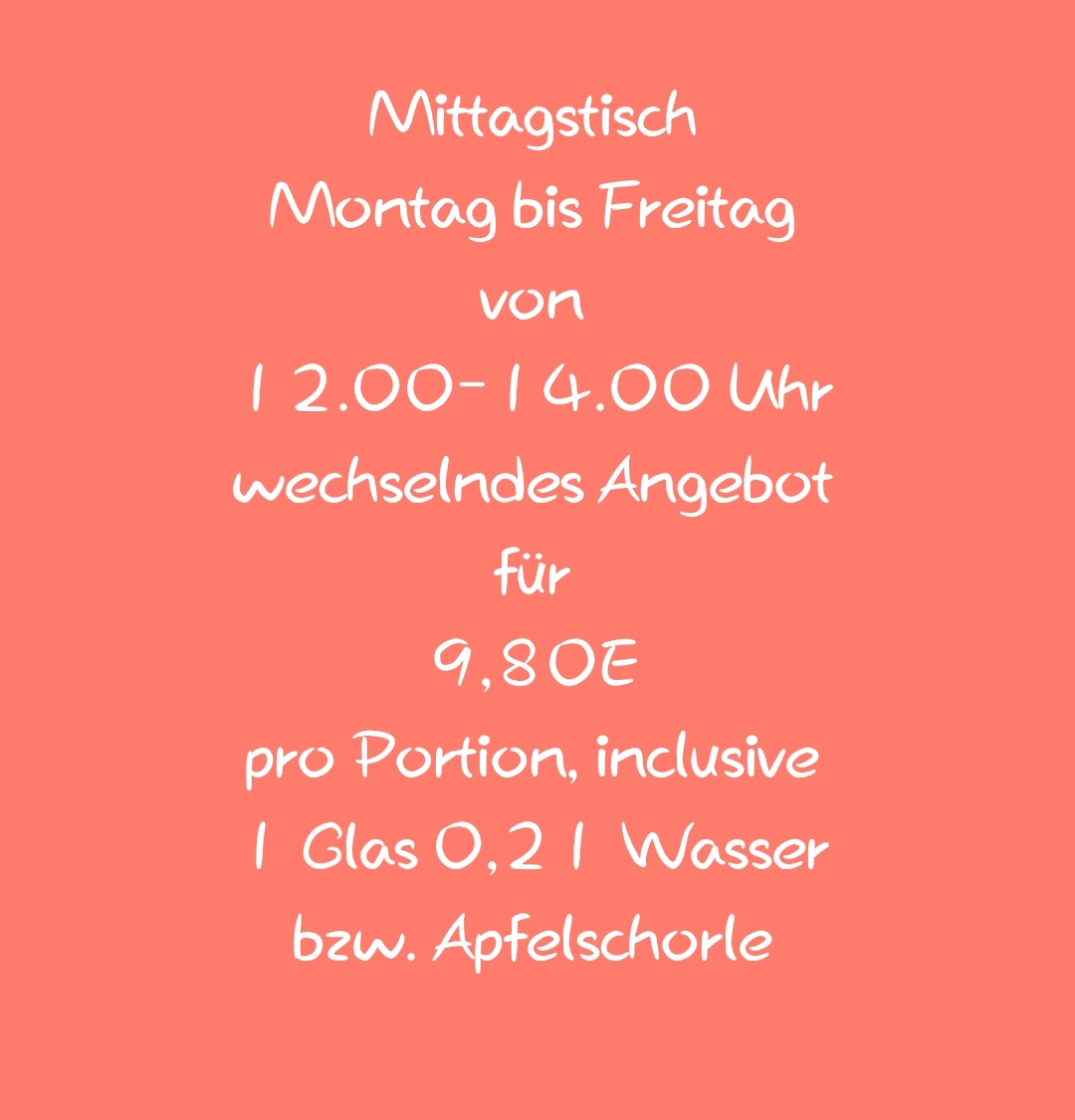 Text auf Korallenhintergrund informiert freundlich über Mittagsangebot und Preise