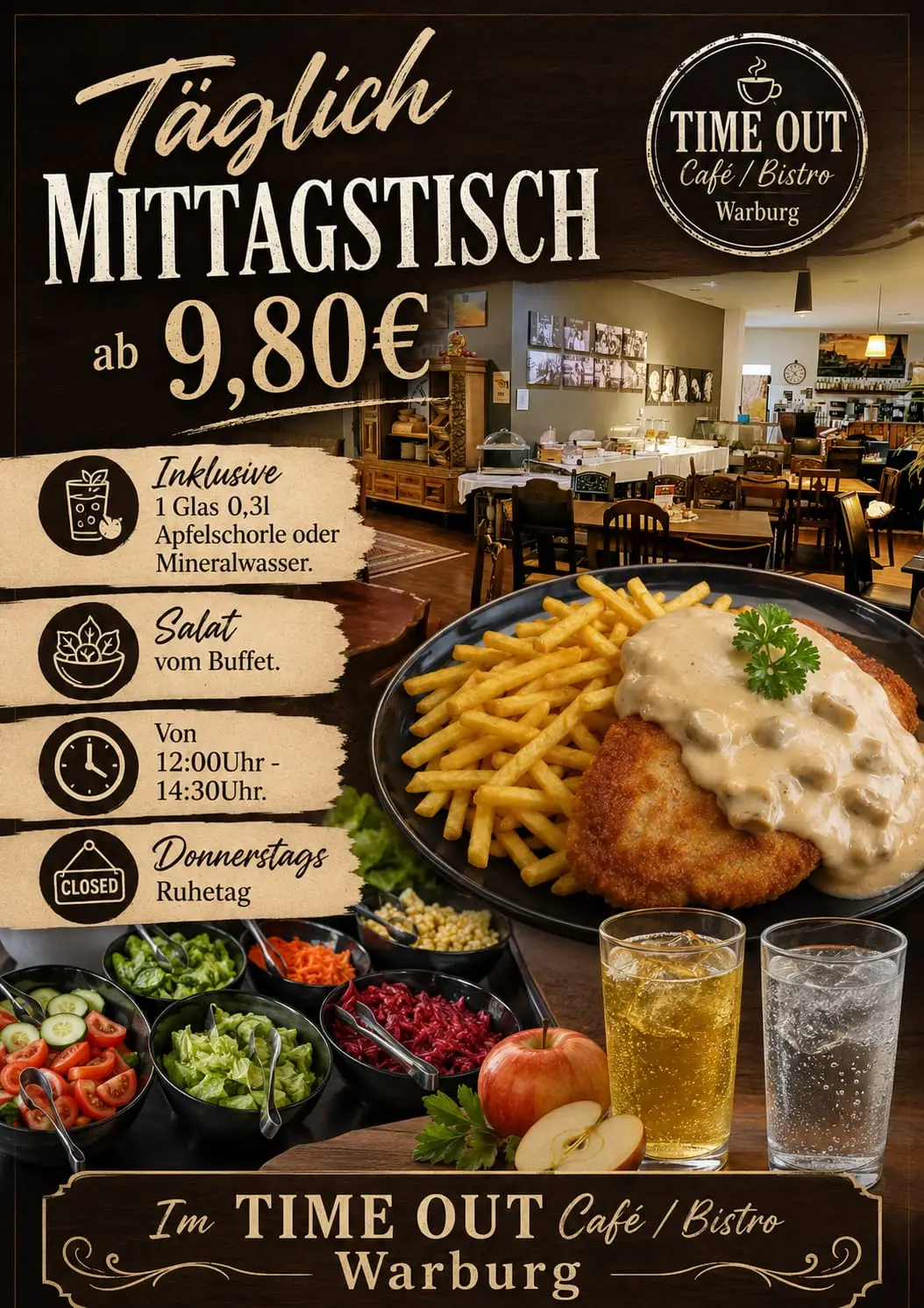 Werbeplakat fuer den taeglichen Mittagstisch im Time Out Cafe Bistro Warburg