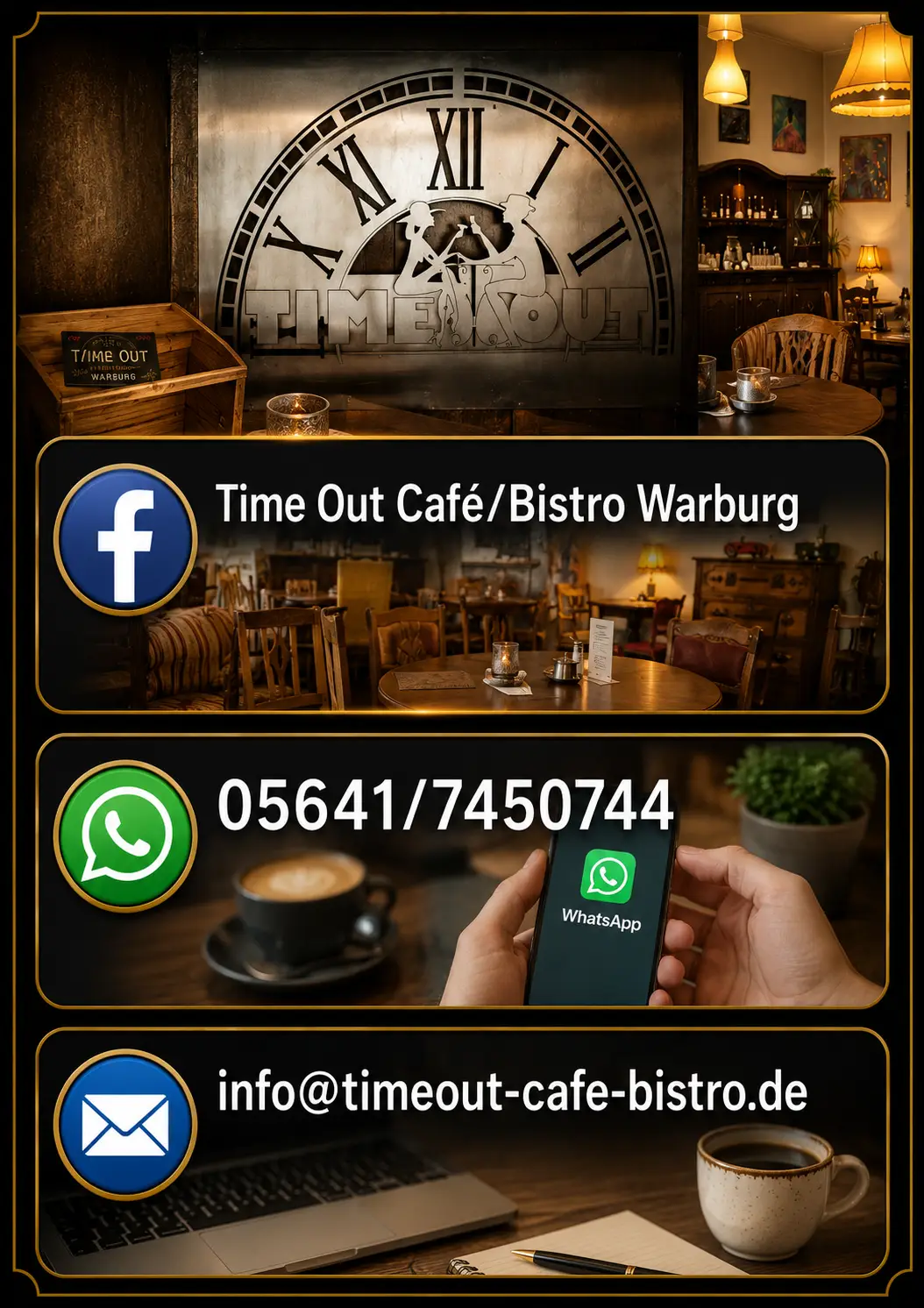 Werbetafel des Time Out Cafe Bistro Warburg mit Kontaktdaten und Uhr Motiv