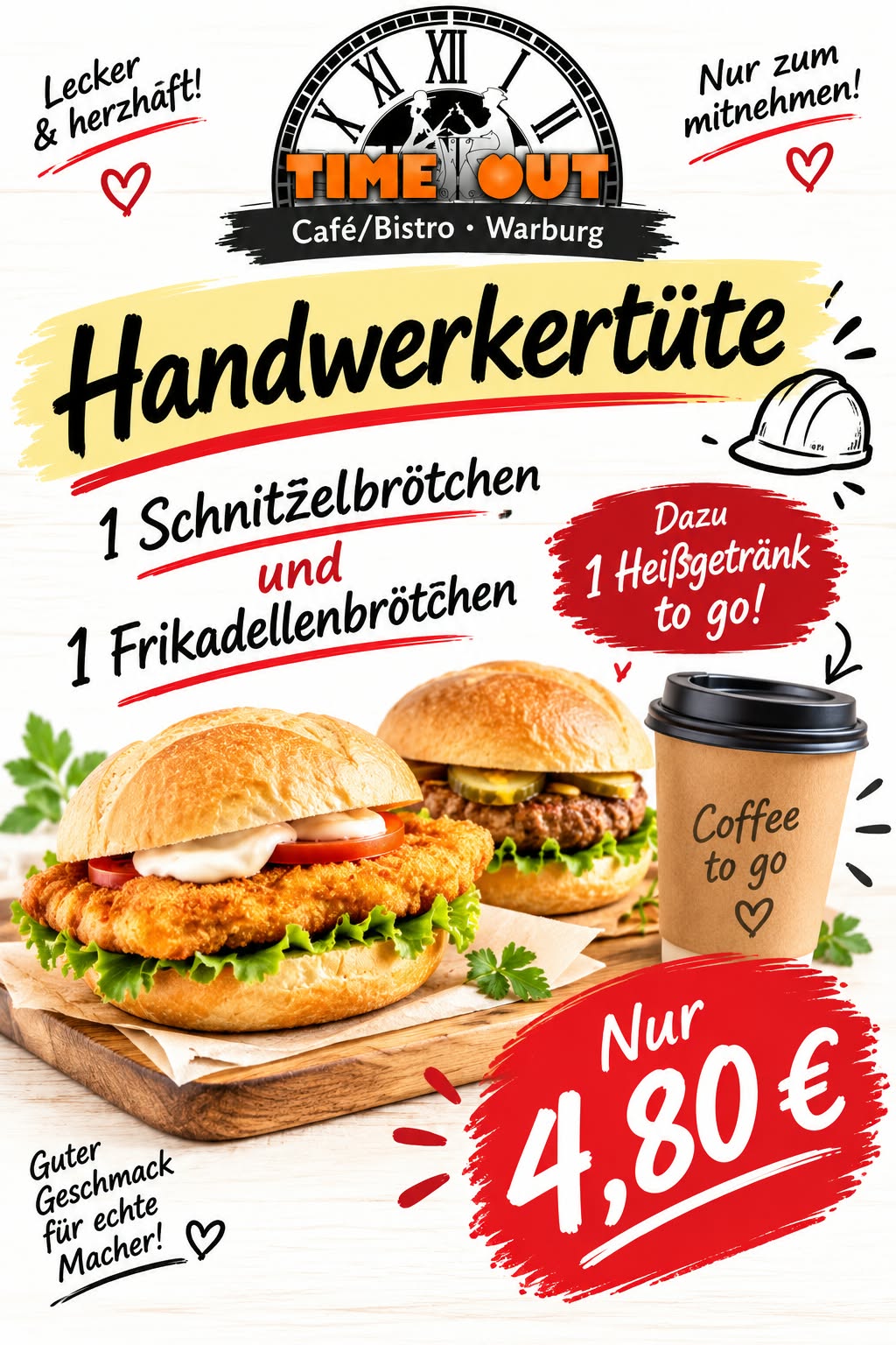 Werbung fuer Handwerkertuete mit Schnitzelbroetchen Frikadelle und Kaffee