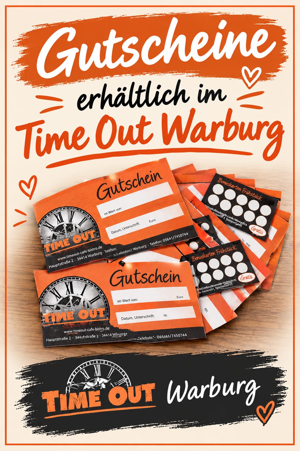 Werbung fuer Gutscheine und Bonuskarten vom Time Out Warburg in Orange